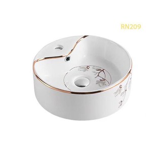 Chậu lavabo tròn viền vàng hoạ tiết hoa lá, chậu rửa mặt