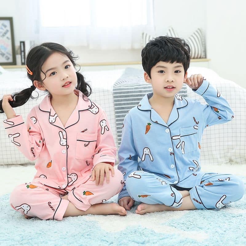 Bộ pizama bé gái bé trai hình thỏ xinh chất thun cotton xinh mát ấm áp mùa mưa