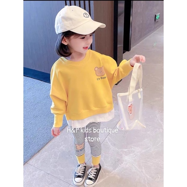 Set bộ dài tay bé gái giả váy, phối quần legging kẻ sọc cá tính Quần áo thu đông dài tay cho bé in gấu 1 2 3 4 5 6 tuổi