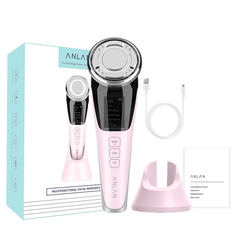 ANLAN EMS Light Therapy Sonic Vibration Wrinkle Remover Facial Massage Hot Cool Compress Pink