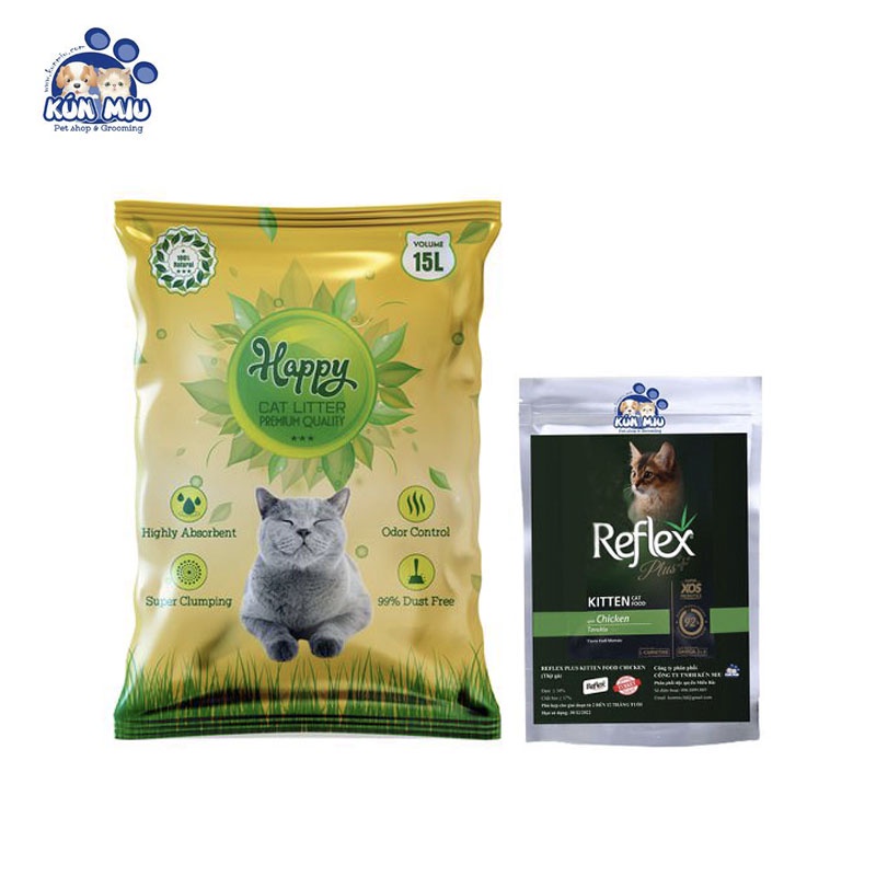 Combo Cát vệ sinh cho mèo  Happy 15l Vàng (7.6kg) và Thức ăn cho mèo Reflex Kitten Plus 0.5kg