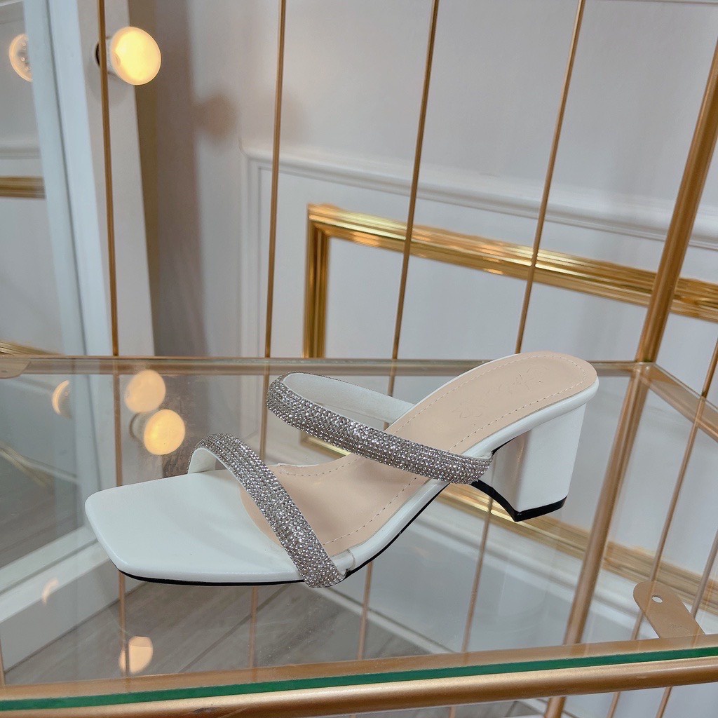 Guốc nữ 7 phân đế vuông đính ngọc tiểu thư Thiên Hương Giày VNXK BP45L152 Dép cao gót Sandal 7p cm 3 màu trắng đen bạc