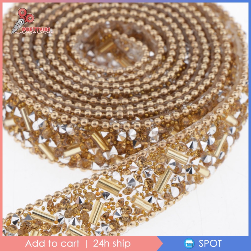 [Prettyia1] Cuộn Dây Ruy Băng Đính Hạt Pha Lê 1yd Trang Trí Túi Xách / Đầm Dự Tiệc