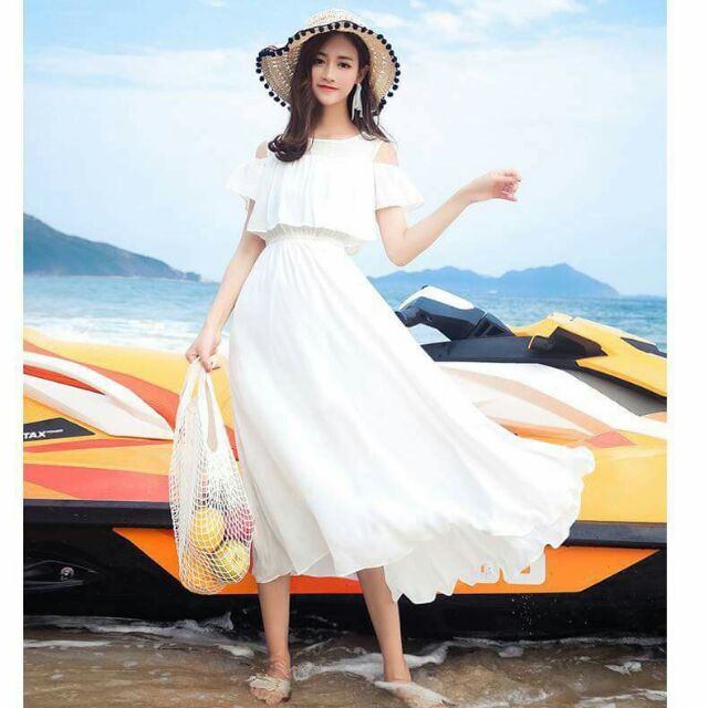 Váy maxi trắng đi biển, váy khoét vai đẹp