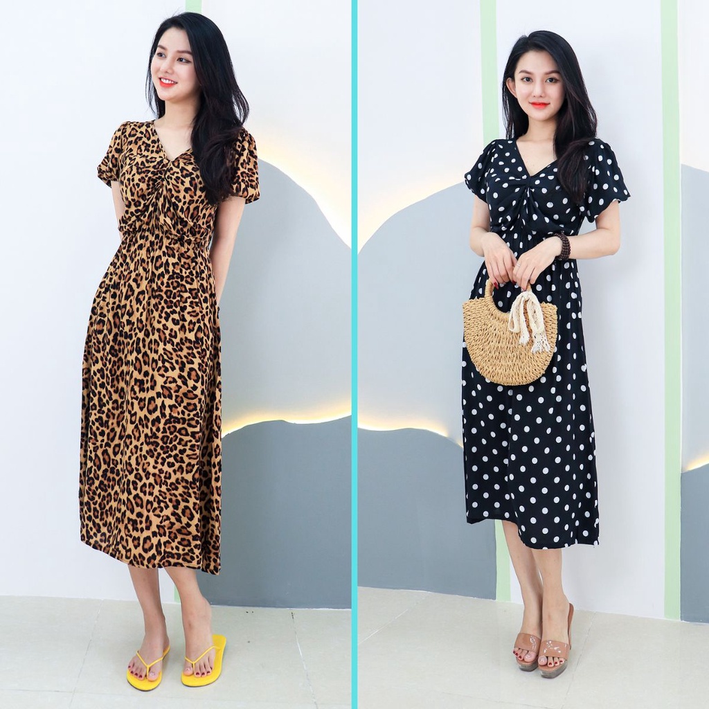 Đầm trung niên maxi đi biển họa tiết bi beo eo bo thun AMYRA - Váy mặc nhà lanh maxi dài nhún ngực thoáng mát va131