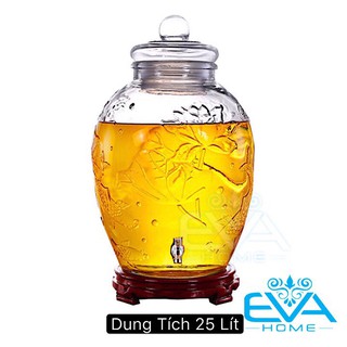 Bình Ngâm Thủy Tinh 25 Lít Có Van Dáng Chum Hoạ Tiết Hoa Sen Và Cá Chép SC25LV