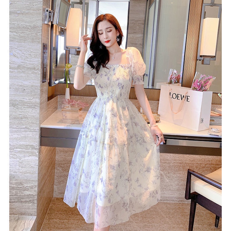 Đầm dài IELGY cổ vuông tay phồng in họa tiết hoa thời trang mùa hè dành cho nữ