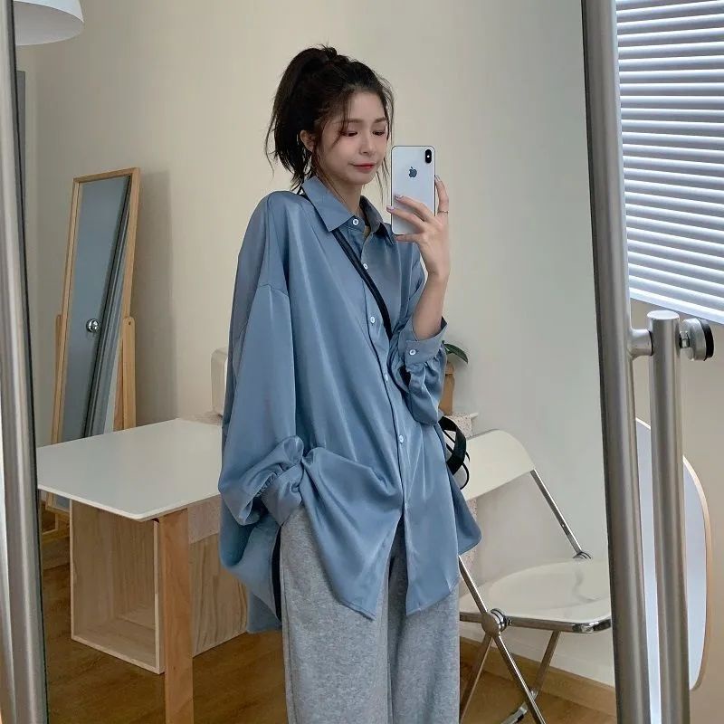 Áo Sơ Mi Trắng Tay Dài Dáng Rộng Cài Khuy Màu Trơn Kiểu Hàn Quốc Thời Trang Mùa Thu Thanh Lịch Cho Nữ Màu Sắc