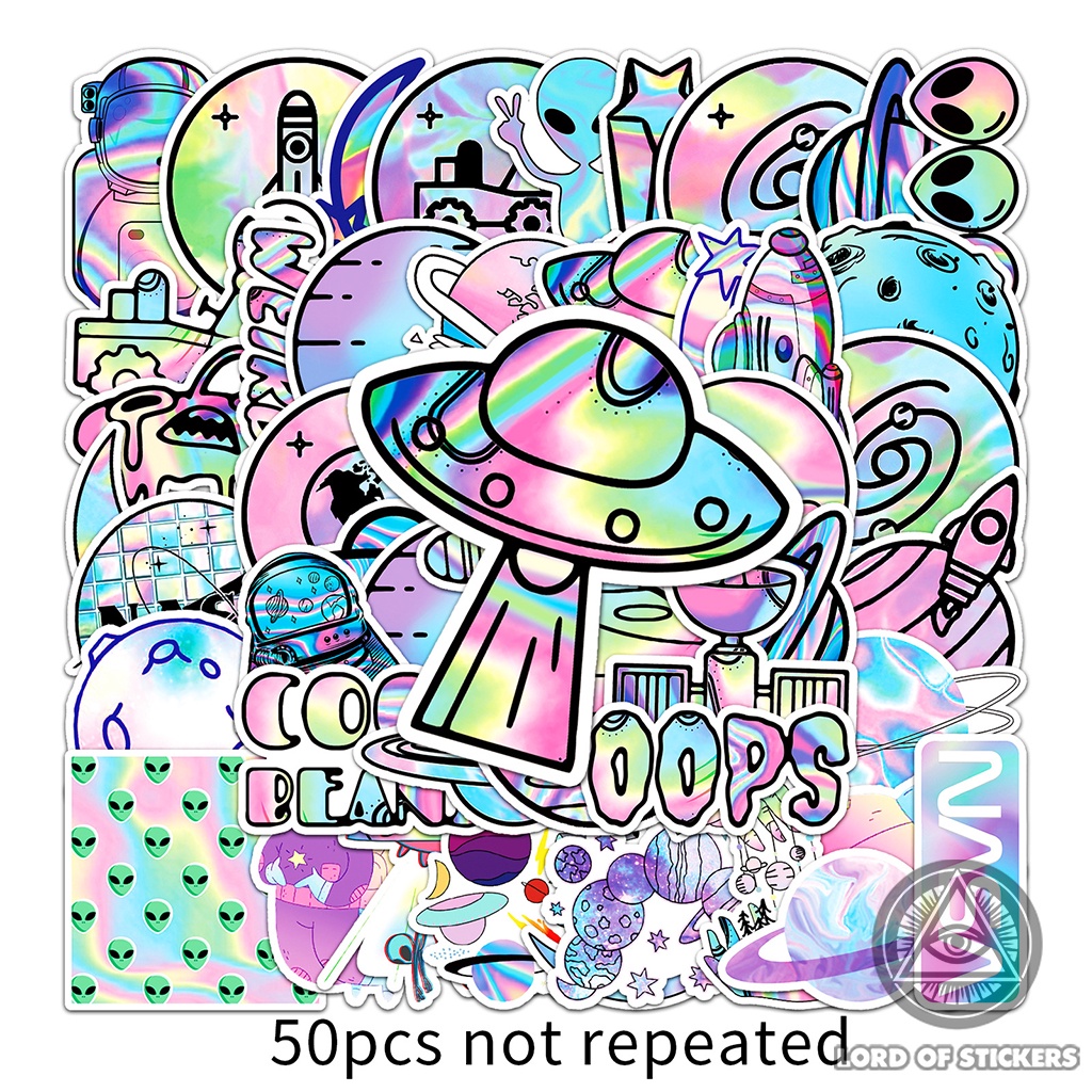Set 50 Nhãn Dán Chủ Đề Vũ Trụ Sticker Cute Holographic Phong Cách Hoạt Hình Chống Thấm Nước Dán Mũ Bảo Hiểm, Laptop, Sổ