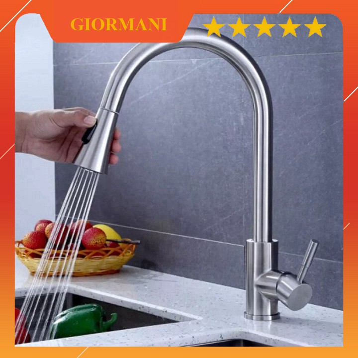 Vòi rửa bát, rửa chén inox 304 cao cấp dây rút GIORMANI VRB25 - tặng đôi dây cấp nước inox