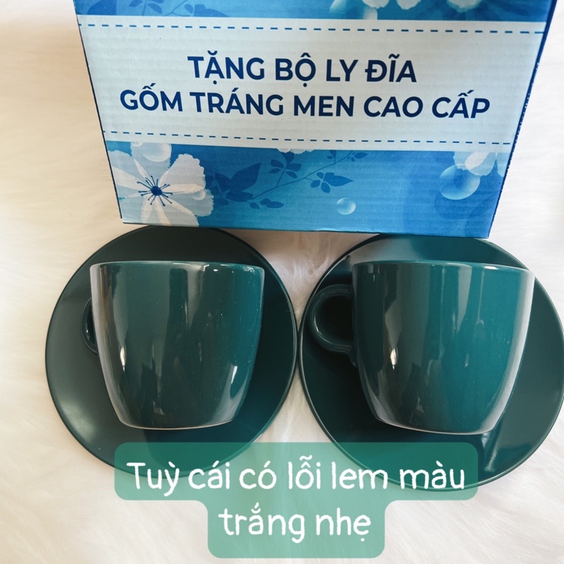 Bộ 2 ly gốm trắng hoạ tiết có quai - ly thủy tinh có nắp - ly dĩa gốm tráng men [ Hàng quà tặng P&amp;G ]