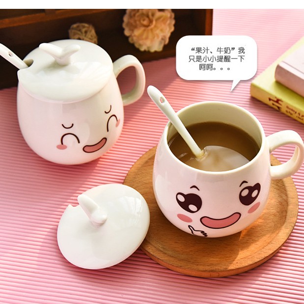 Cốc trà, cà phê gốm sứ cao cấp hình mặt cười hoặc logo starbuck KÈM THÌA VÀ NẮP 300ml | BigBuy360 - bigbuy360.vn