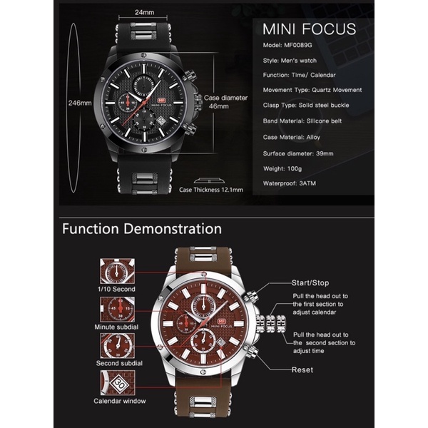 Đồng hồ nam MINI FOCUS MF0089G.03 dây silicone màu nâu viền thép không gỉ màu bạc 3 kim hàng chính hãng cao cấp Nhật Bản