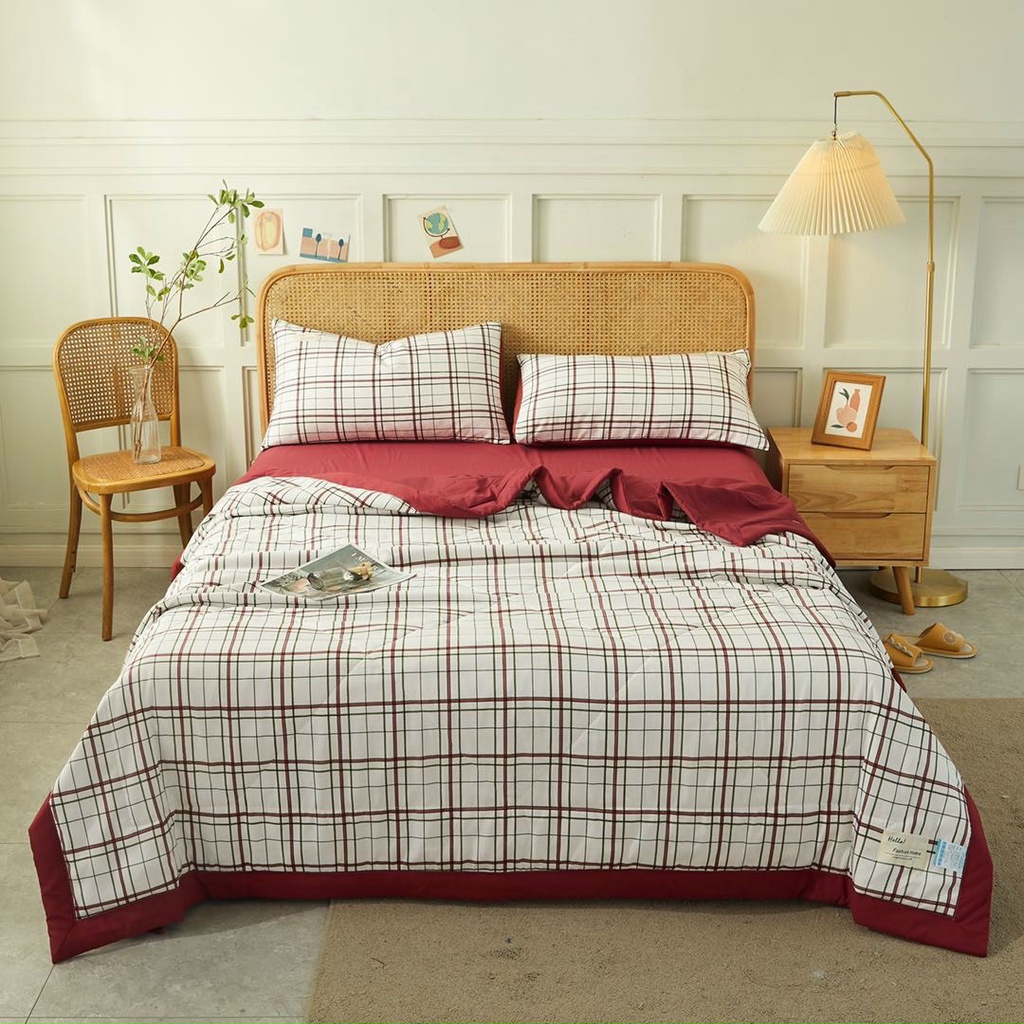 Bộ chăn ga gối cotton tici chăn trần Emmibedding Store mẫu KẺ ĐỎ