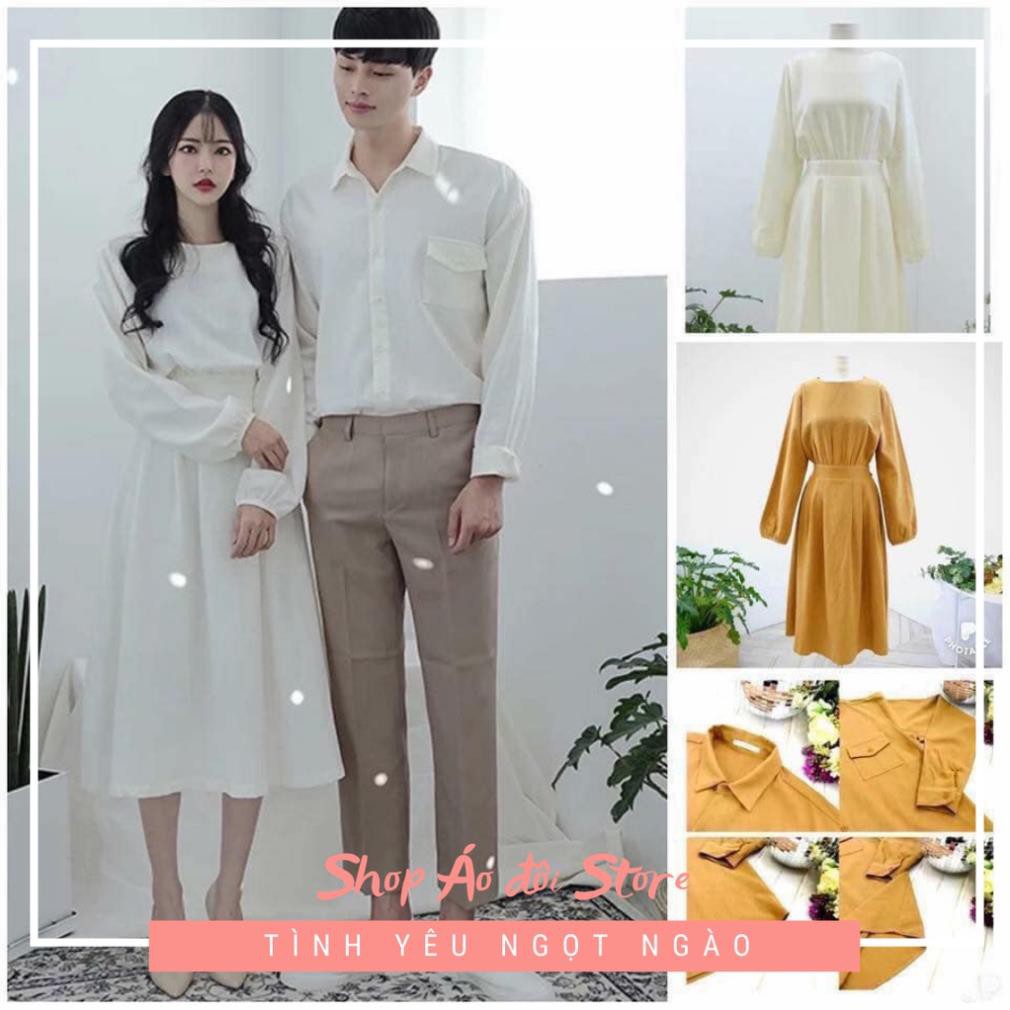 Bộ áo váy sơ mi cặp cao cấp, đồ đôi nam nữ  dễ thương, chất đẹp để chụp hình cưới, đi du lịch