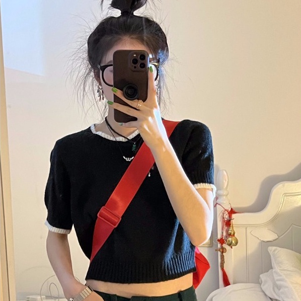 Áo thun ZHELIHANGFEI dệt kim tay ngắn cổ tròn dễ phối đồ hợp thời trang cho nữ