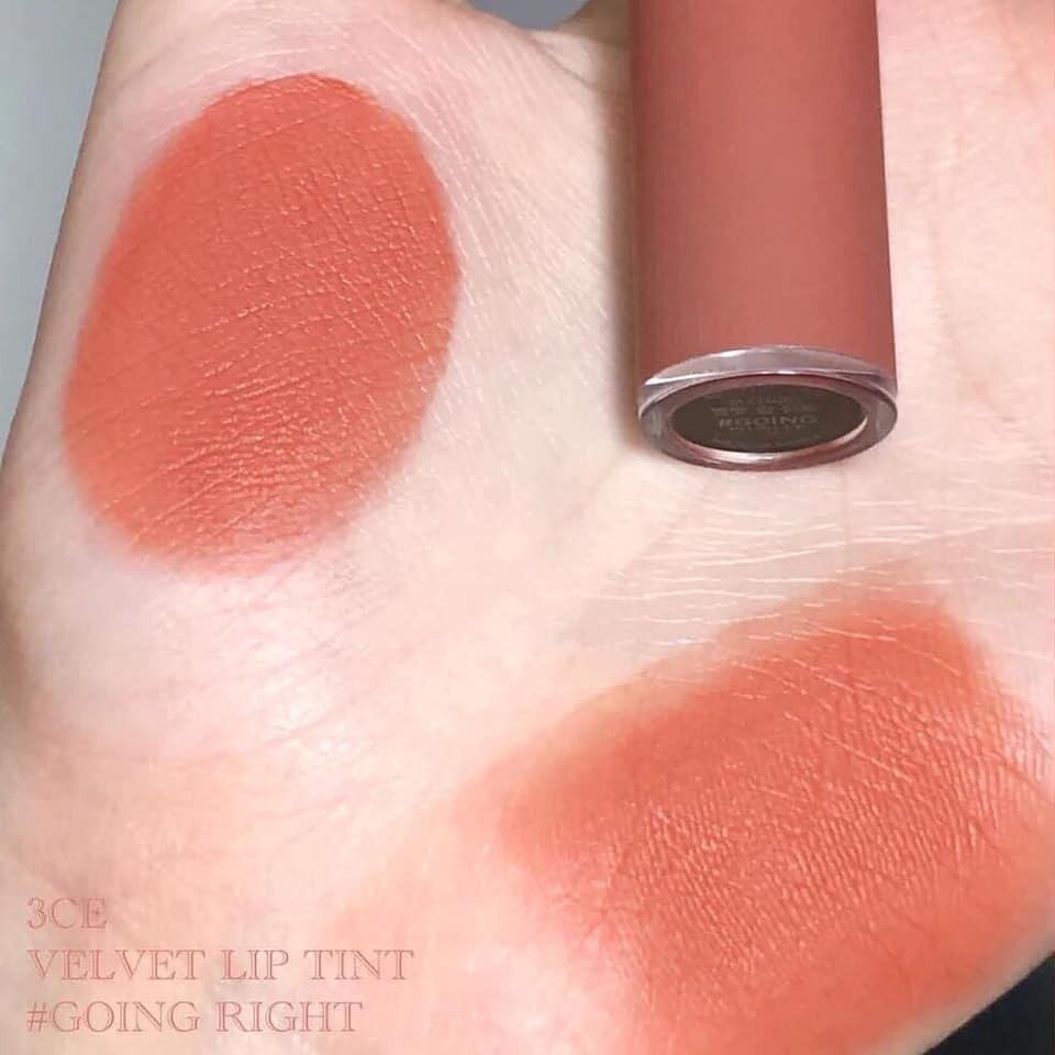 Son 3CE velvet lip tint màu cam hồng đất going right