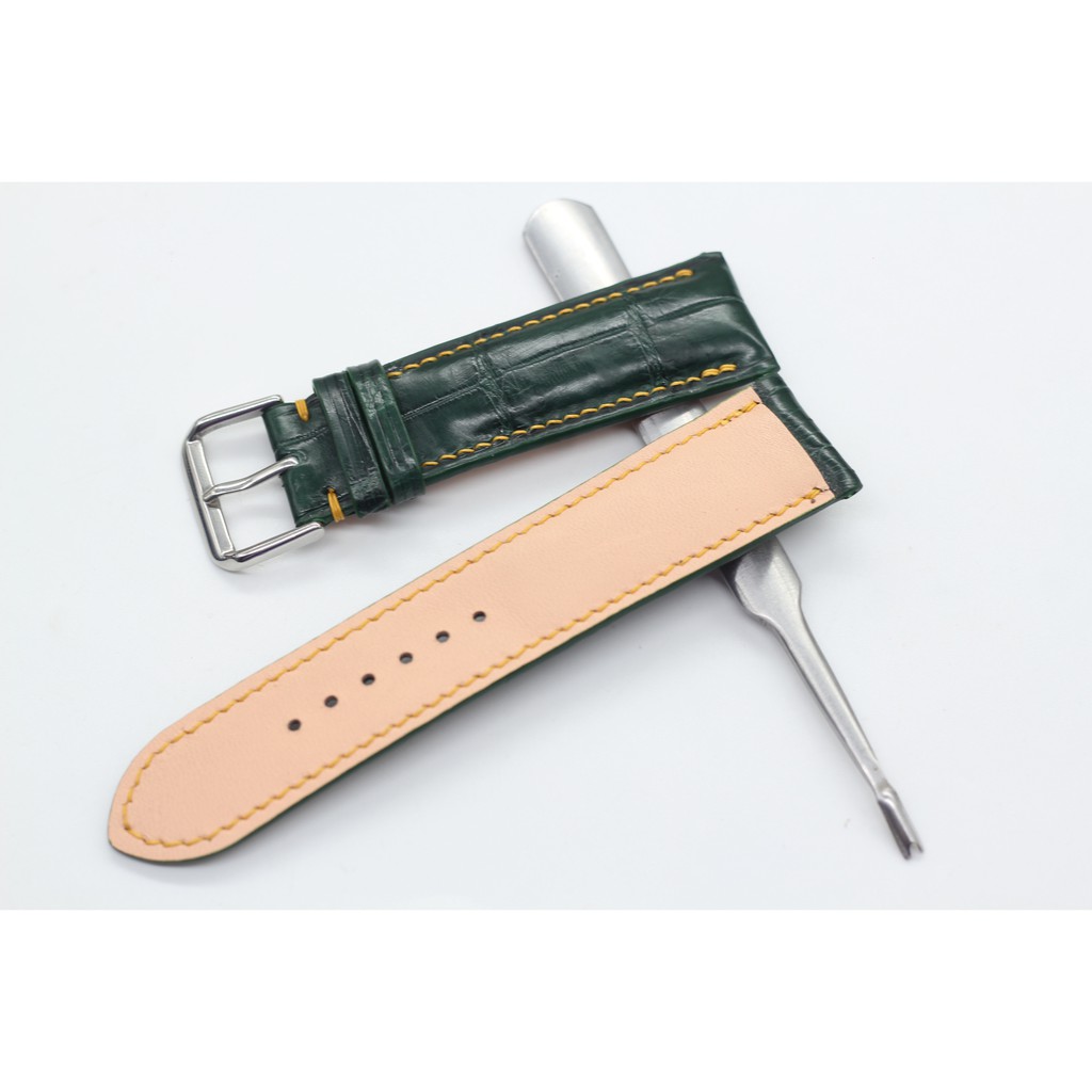 Dây Đồng Hồ Da,Dây Da Cá Sấu May Tay Kèm Khóa Kim,Nâu+Xanh Lá,BH 6 Tháng, Tặng Tool Tháo Và Chốt
