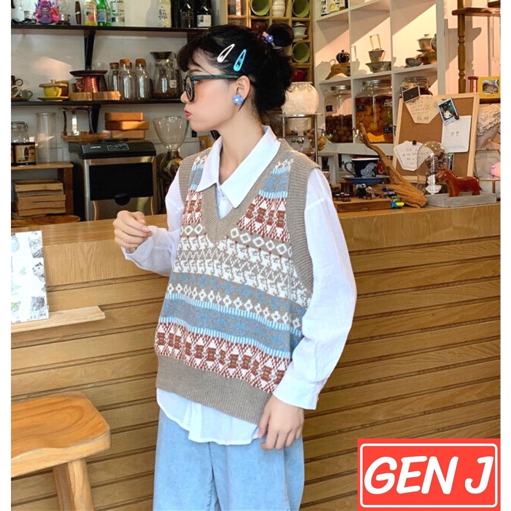 Áo gile nữ Hàn Quốc, áo len thổ cẩm siêu ấm áp phong cách thời trang thu đông dành cho nữ