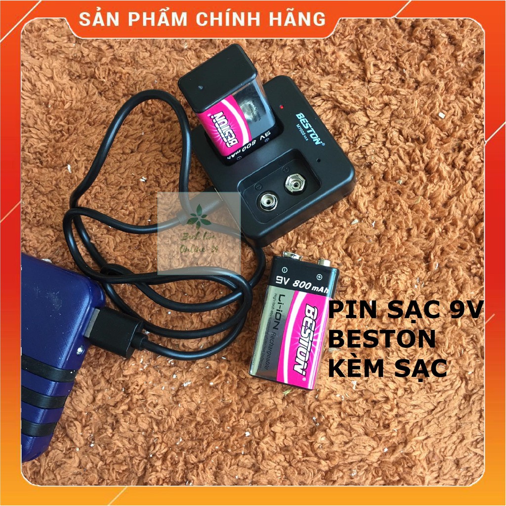 Bộ 2 pin sạc 9V 800mAh Beston Chính hãng Kèm sạc M7005 Pin vuông Li-Ion cao cấp Sạc lại nhiều lần