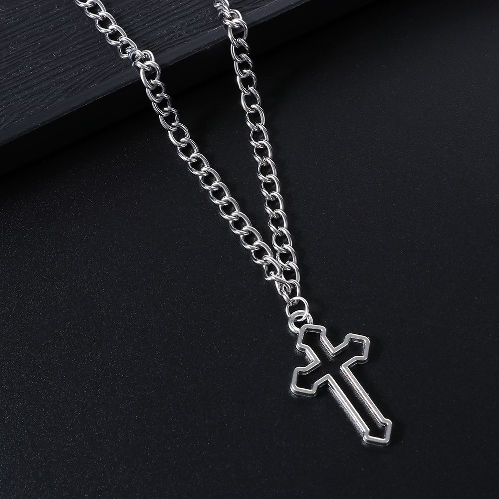 Vòng Cổ Choker Dây Dài Mặt Hình Chữ Thập Rỗng Màu Bạc Phong Cách Gothic Punk Đường Phố Vintage Cá Tính Cho Nam Và Nữ