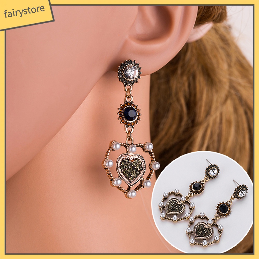 Bông tai dáng dài đí́nh hạt pha lê giả phong cách cổ điển