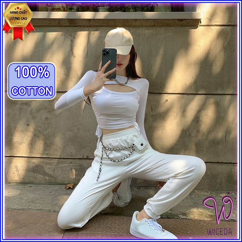 Áo croptop tay dài khoét ngực dây rút eo ôm body đẹp , ao thun kiểu nữ xinh chất cotton mềm mịn 2 màu đen trắng Wiceda 1