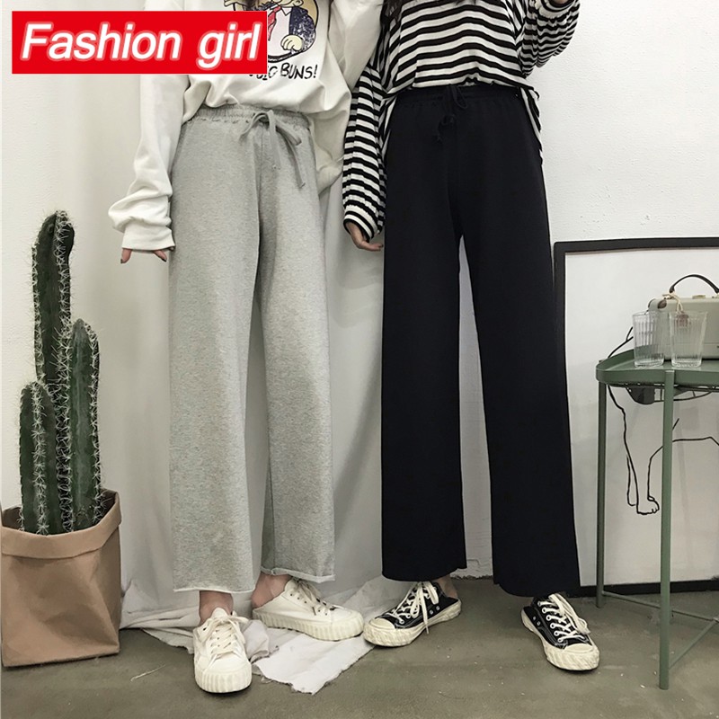 Quần Dài Lưng Cao Ống Rộng Màu Đen Phong Cách Hàn Quốc