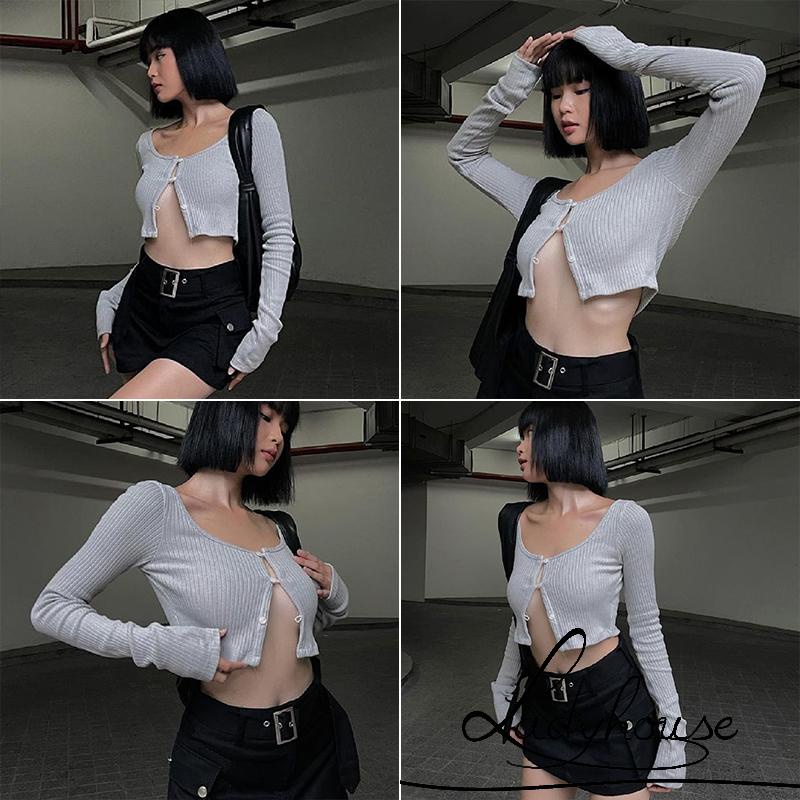 Áo Thun Crop Top Tay Dài Cổ Chữ U Có Nút Thời Trang Xuân Thu Cho Nữ
