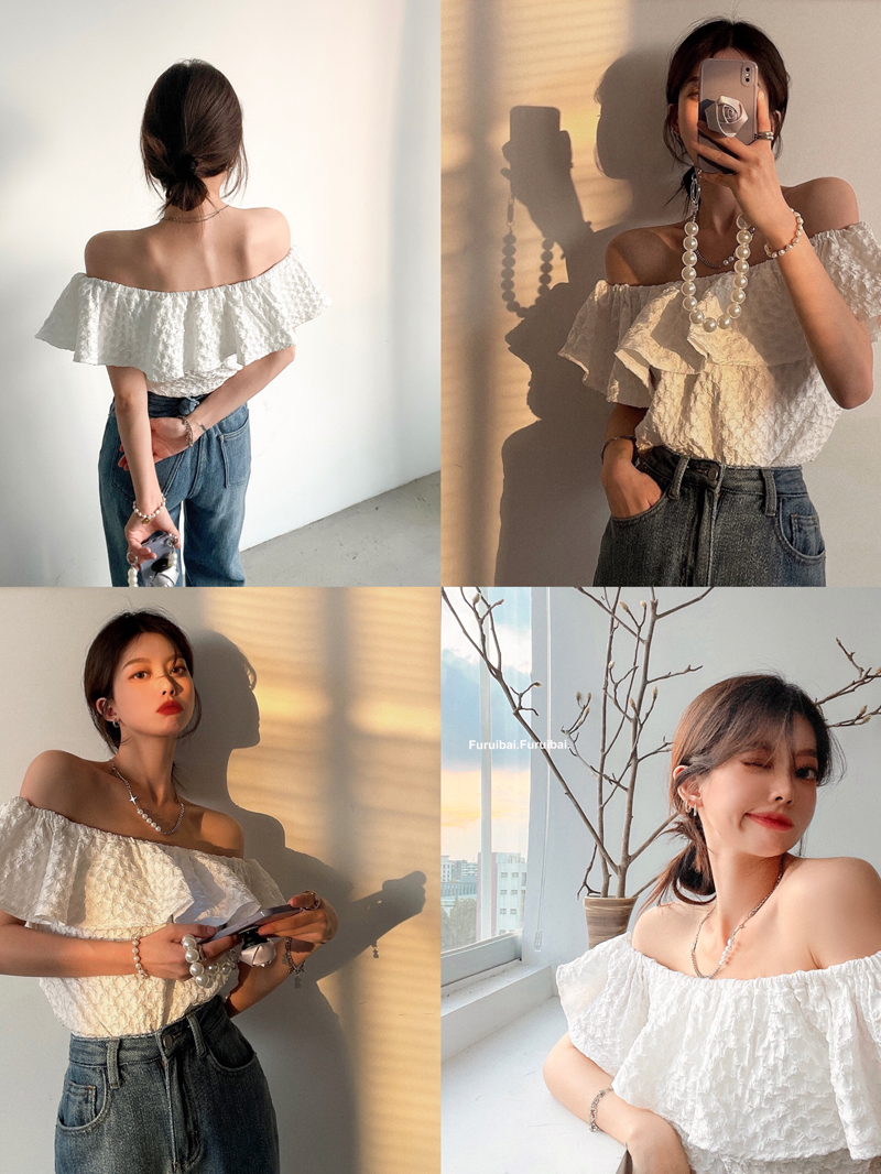 Design High-Grade Ruffled Collarbone off-Shoulder Top Summer Super Fairy Jacquard Short Sleeve Western Style Women's White Shirt