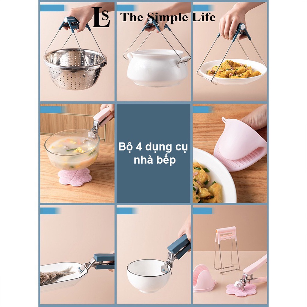 Bộ dụng cụ gắp nóng, găng tay nhấc nồi mỏ vịt, miếng rửa bát đĩa silicon, kẹp gắp inox có lò xo 6 chi tiết [CHÍNH HÃNG]