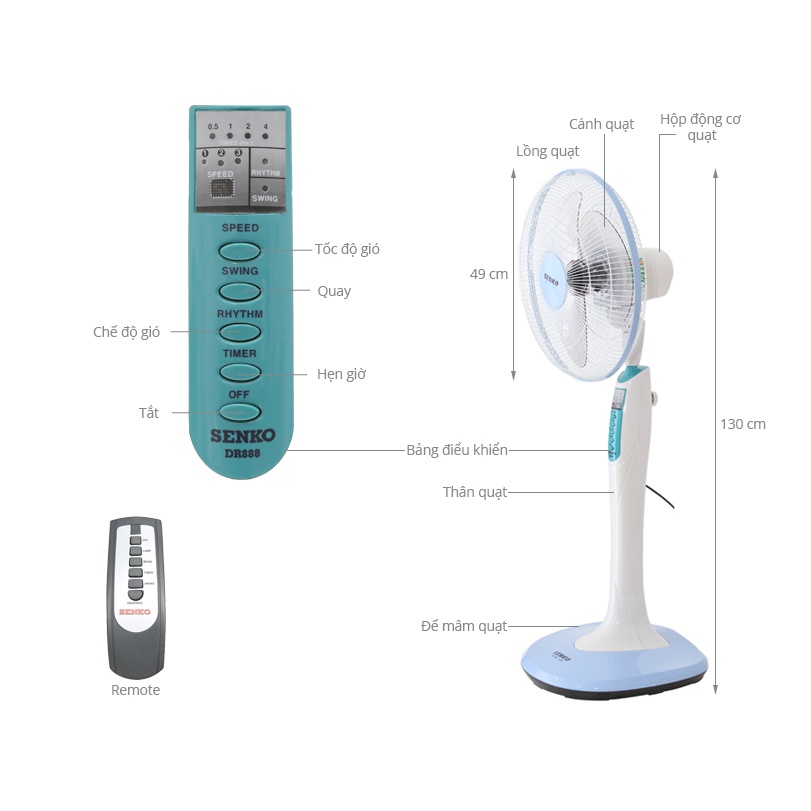 ⚡[GIÁ HỦY DIỆT-HÀNG CHÍNH HÃNG ]⚡ QUẠT ĐỨNG ĐIỀU KHIỂN REMODE SENKO DR1608 65W - Remote- Cánh 7 lá