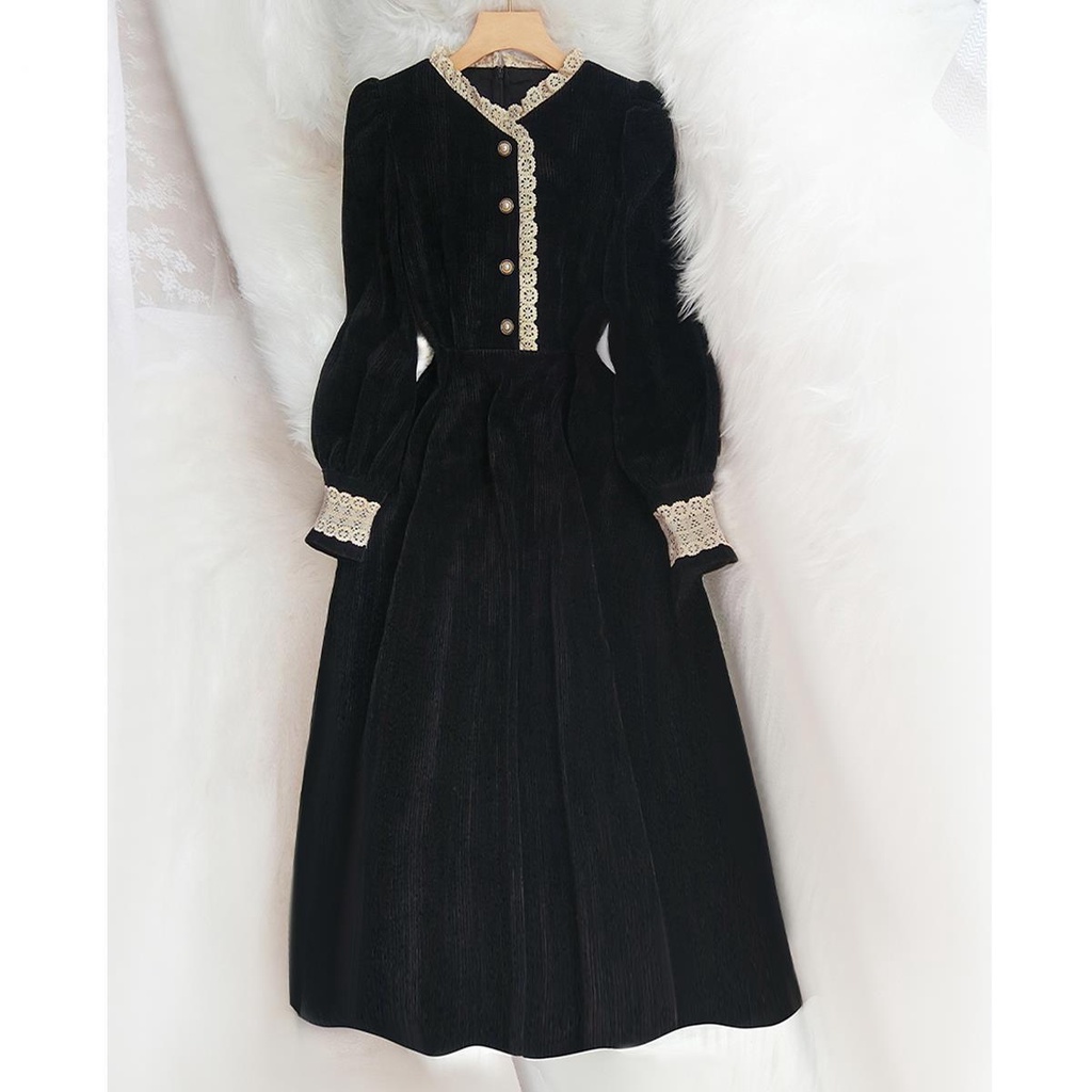 The store is on holiday  please chat with customer service! Đầm Midi Vải Nhung Đen Phong Cách Pháp Cổ Điển Thời Trang Mùa Thu 2022
