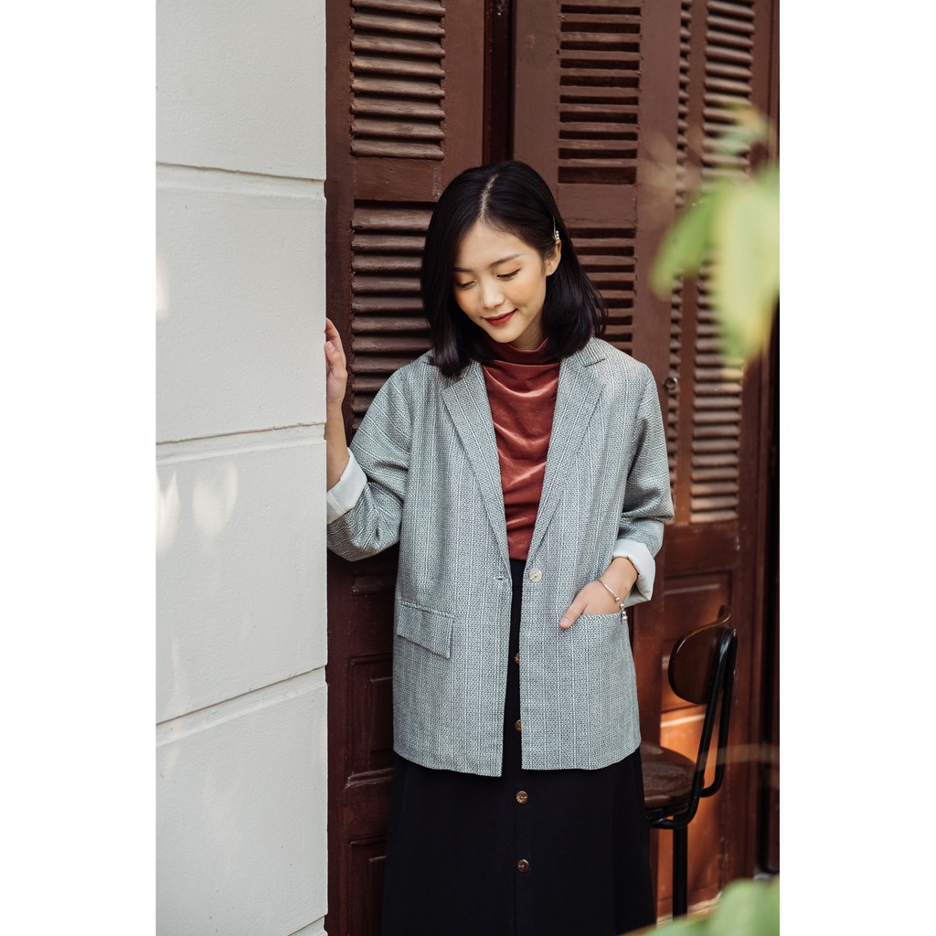 Blazer 1 cúc dạ tweed size M B018-Xam-M