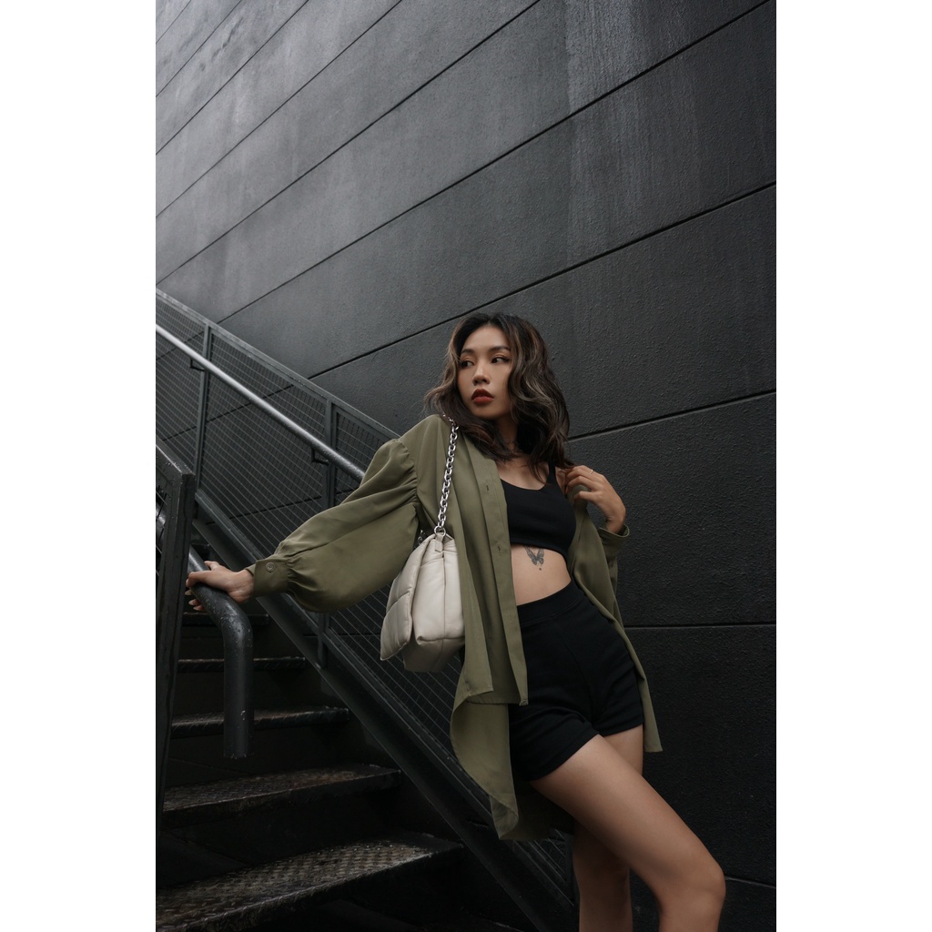 Áo kiểu nữ vải kate mịn, màu xanh rêu, tay dài phồng nhẹ, form oversize dễ phối, là min - DEEP KHAKI BLOUSESHIRT