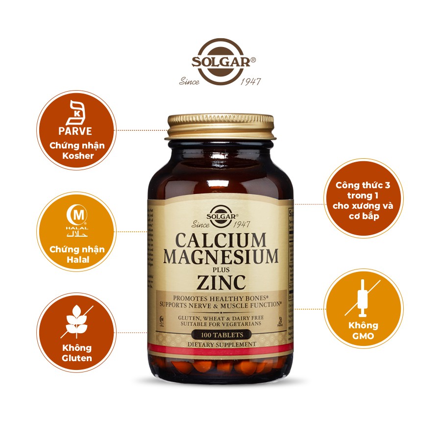 [NHẬP KHẨU USA CHÍNH HÃNG] Viên uống hỗ trợ xương khớp Solgar Calcium Magnesium Zinc- 100 VIÊN