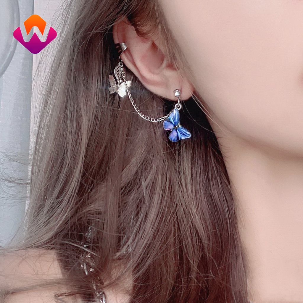 1 bông tai hình bướm ba chiều có dây xích tích hợp cho nữ HSU