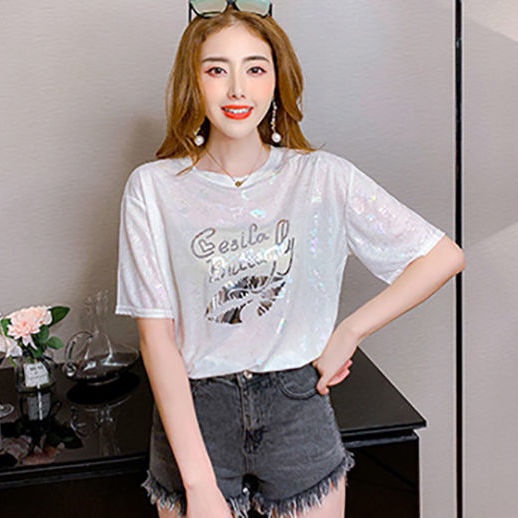 Summer 2021 thin and shiny Korean version versatile loose and thin printed short sleeve letter T-shirt women's top fashion