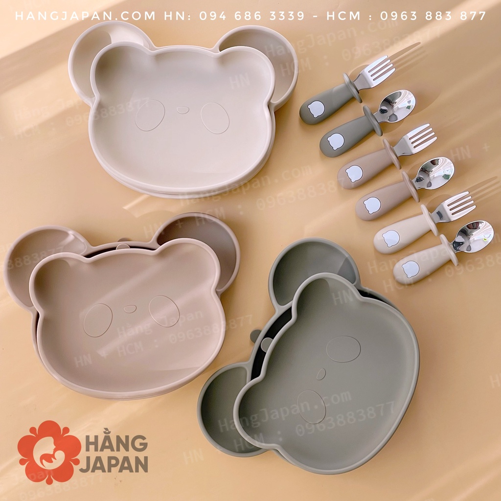 Khay, đĩa, thìa nĩa ăn dặm Bar Rot silicon mini hình gấu có đế hít chống trượt chất liệu siêu bền đẹp cho bé