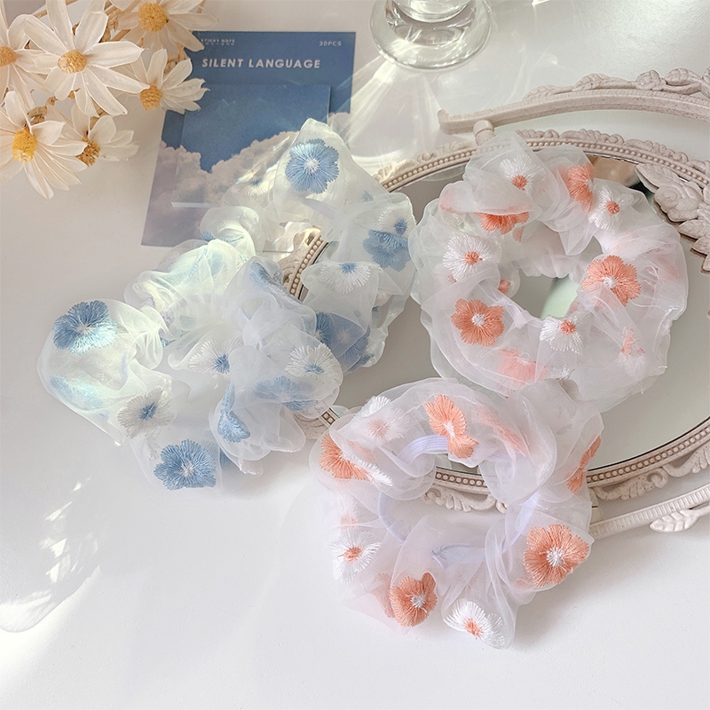 Dây buộc tóc thêu hoa cao su co giãn nhiều màu thời trang đơn giản cho nữ