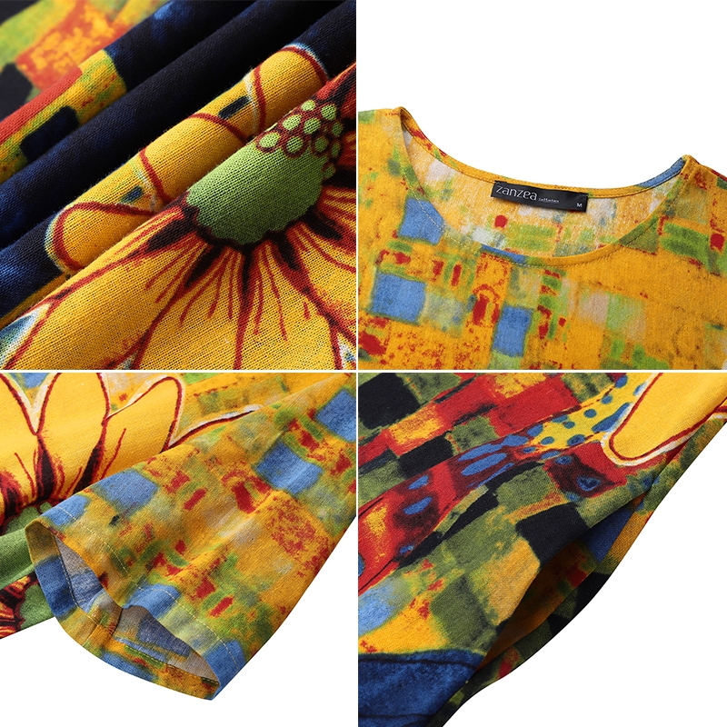 Đầm Zanzea Ngắn Tay In Họa Tiết Phong Cách Thanh Lịch Thời Trang