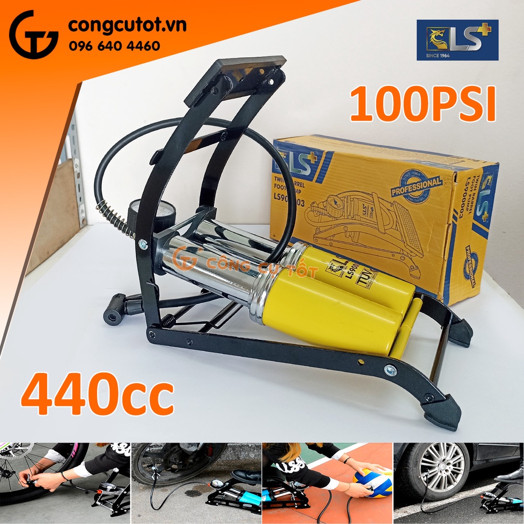 Bơm chân 2 ống pitong 440cc áp 100psi 7 cân hơi hiệu LS+ bơm xe đạp, xe máy, oto...