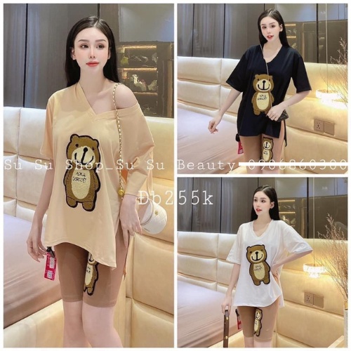 Đồ bộ nữ, set đồ bộ ngố quần lửng đai cao và áo thun cotton ngắn tay cổ tim xẻ lai form rộng thêu gấu, bộ đồ mặc nhà