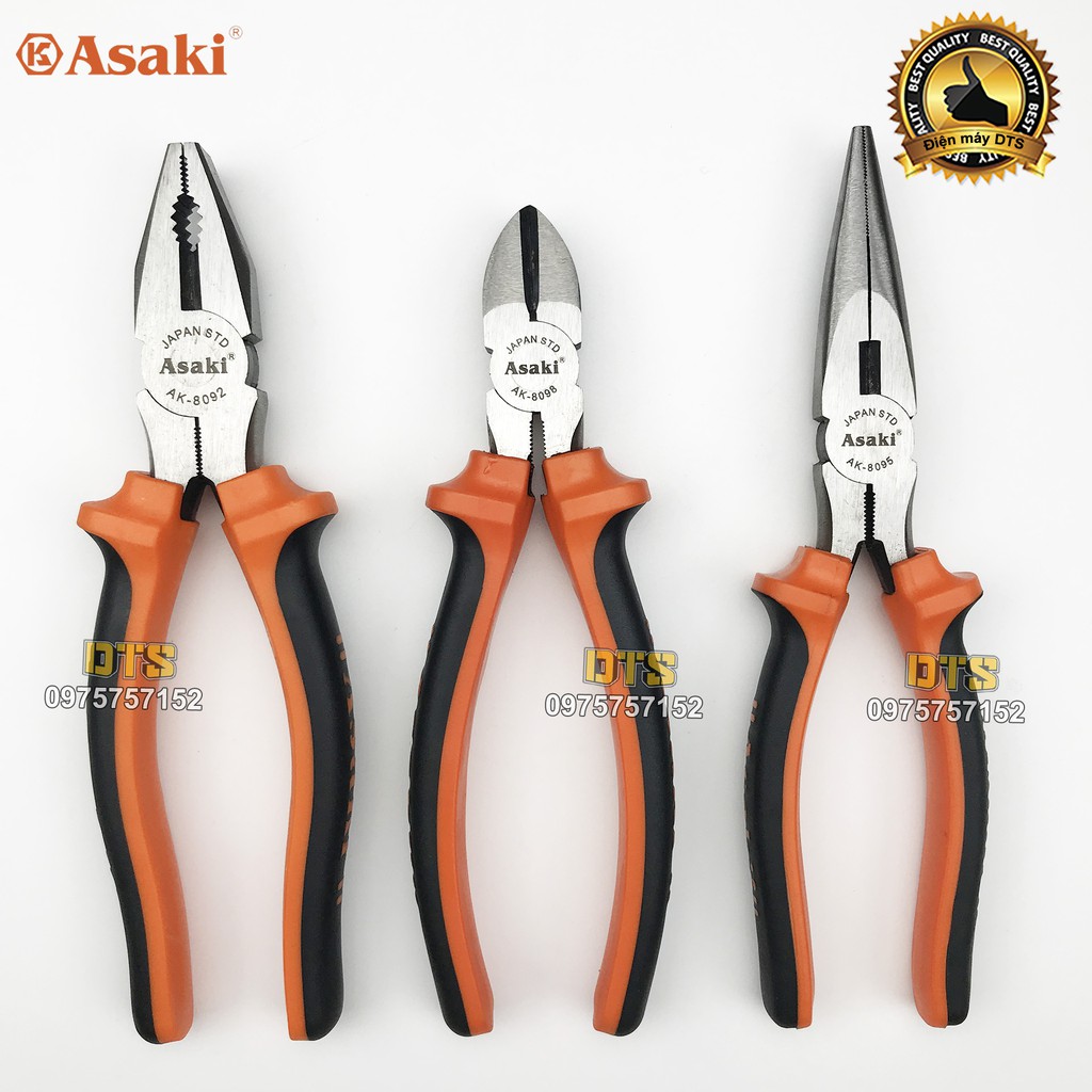 Bộ 3 kìm điện - kìm cắt - kìm nhọn kiểu Mỹ Asaki A+cut Tech 8 inch/ 200mm, thép High Carbon độ cứng cao