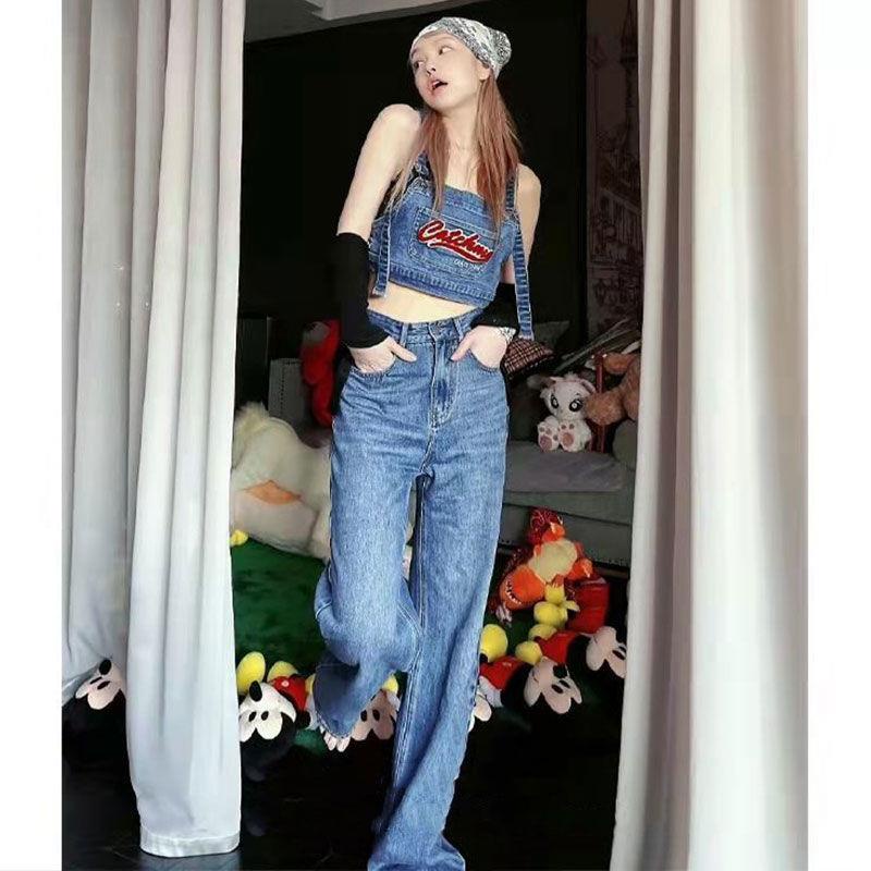 Set Áo Thun Ngắn Tay Cổ Tròn + Quần Yếm Denim Ống Rộng Xẻ Tà Thời Trang Mùa Hè Mới