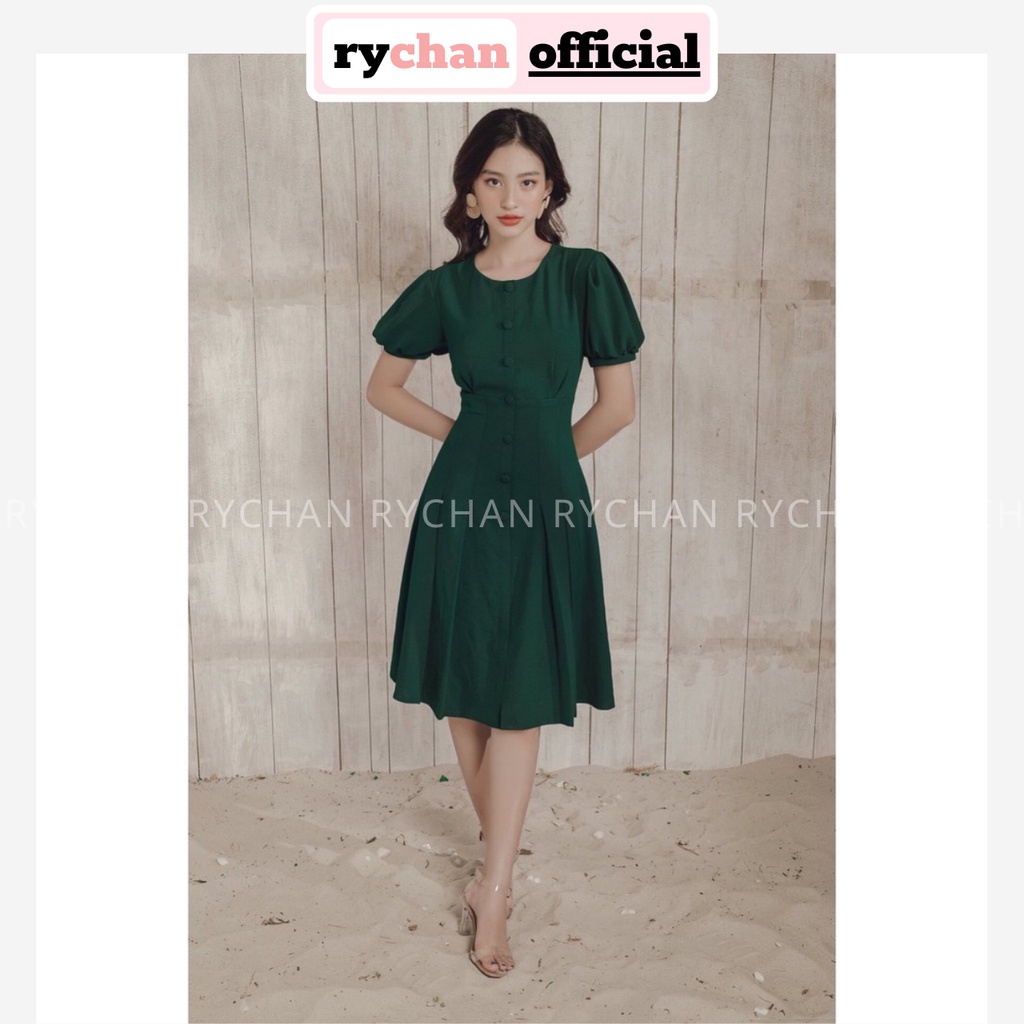 Đầm Xòe Xanh Rêu Nút Bọc Tay Phồng Dập Ly - DX937