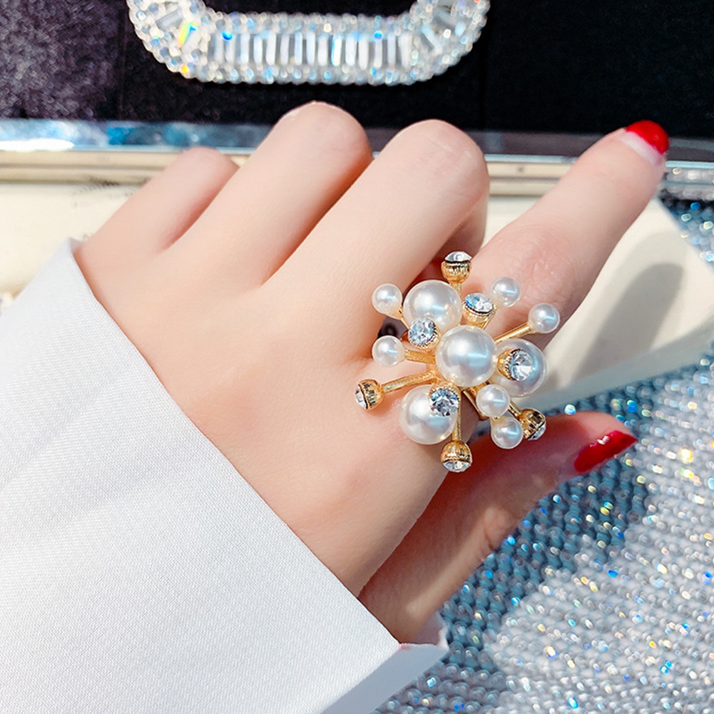 Nhẫn dạng mở hình bông tuyết đính đá và ngọc trai giả hợp thời trang cho nữ