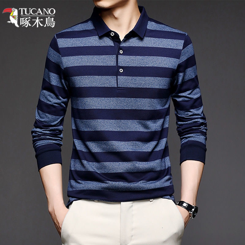 Áo polo Nam Tay Dài Dáng Rộng Họa Tiết Sọc Ngang Thời Trang