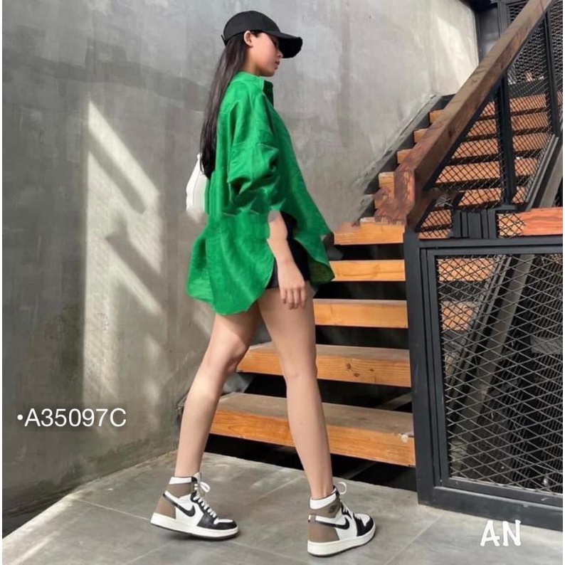 Áo Sơ Mi Nữ Bigsize Sơ Mi Form Rộng Kiểu Màu Xanh Lá Tay Dài Dáng Dài Giấu Quần