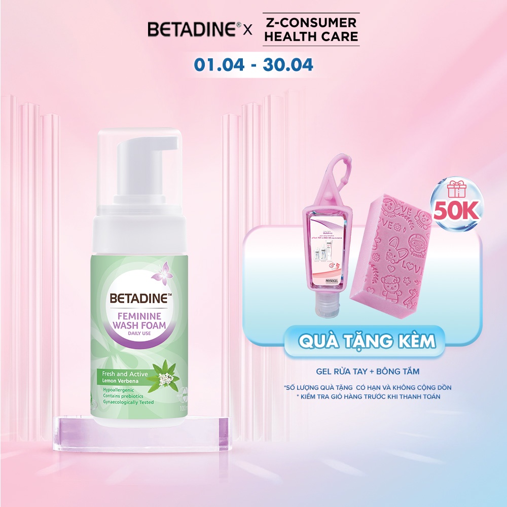 Bọt vệ sinh phụ nữ Betadine Feminine Wash Foam Daily Use Fresh &amp; Active Lemon Verbena 100ml